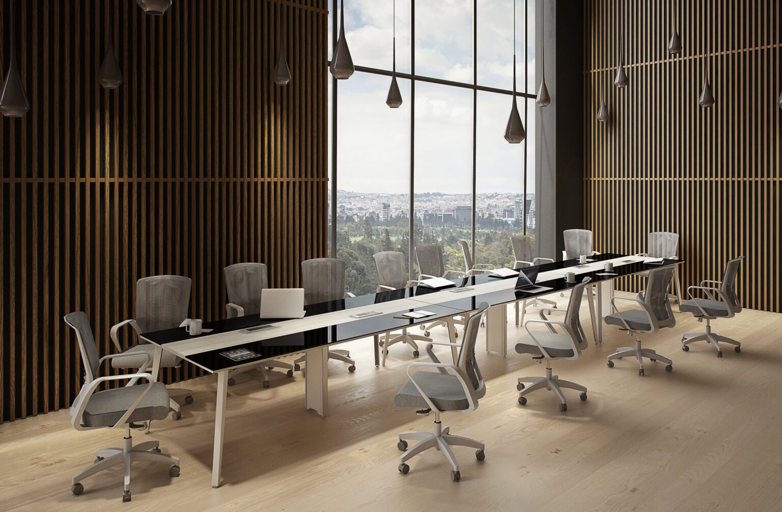 Mesa de reuniones grande para oficina STÄNZA en madera oscura para 6 personas